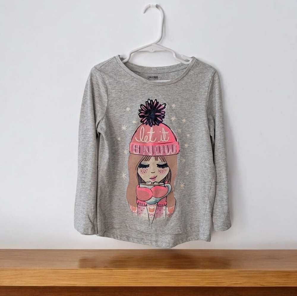 Gymboree Girls Gray Long Sleeve Tee with Pink Winter Graphic Cotton Size (5-6)